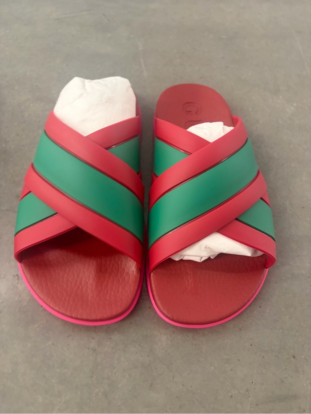 GUCCI WEB STRIPE CORAL RUBBER SLIDES, SIZE 37 / US 7